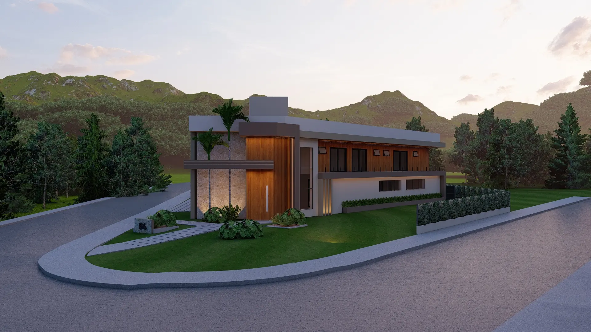 Residência A: render da arquitetura ao entardecer