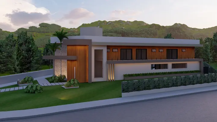Residência A: fachada principal com iluminação de destaque