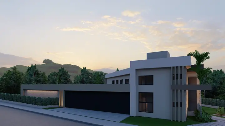 Residência A: vista ao pôr do sol, com a garagem e o volume de dois pavimentos