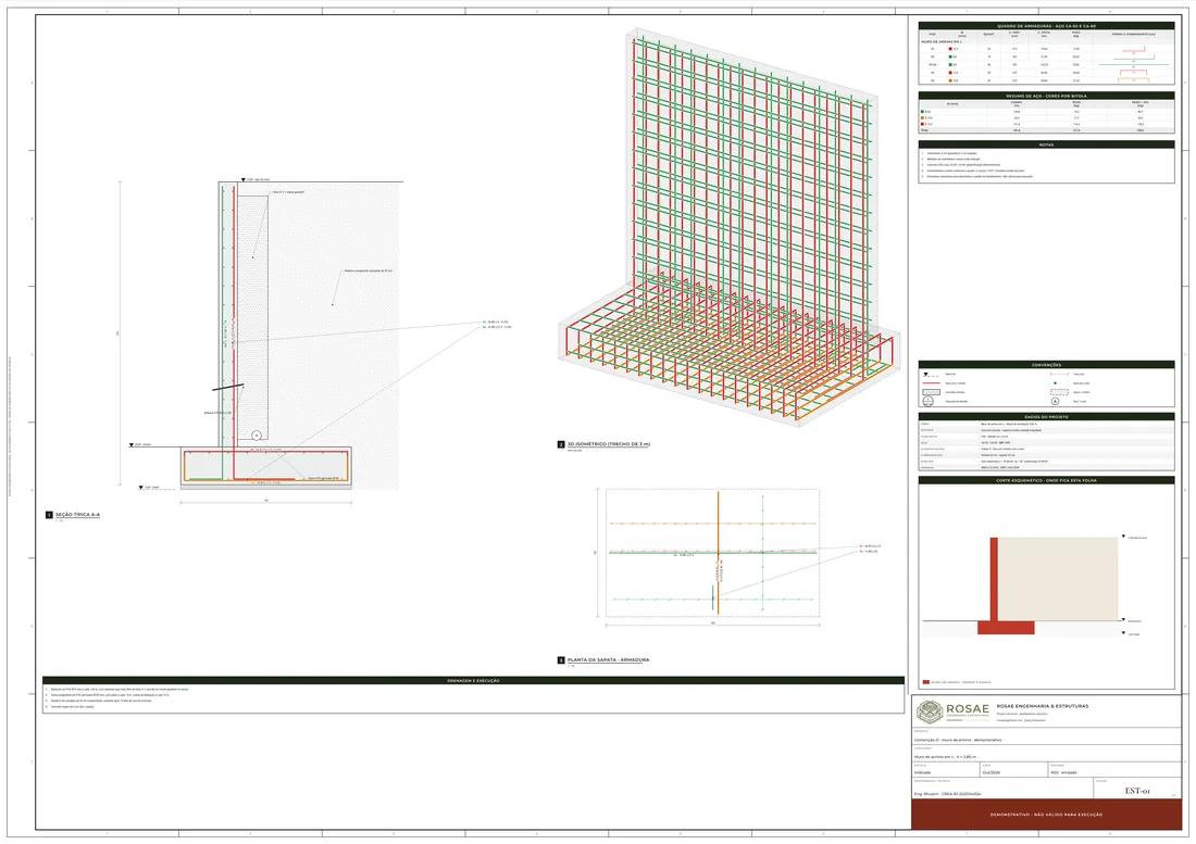 Prancha D-01: seção típica do muro de arrimo com solo, drenagem e níveis, planta da sapata e 3D