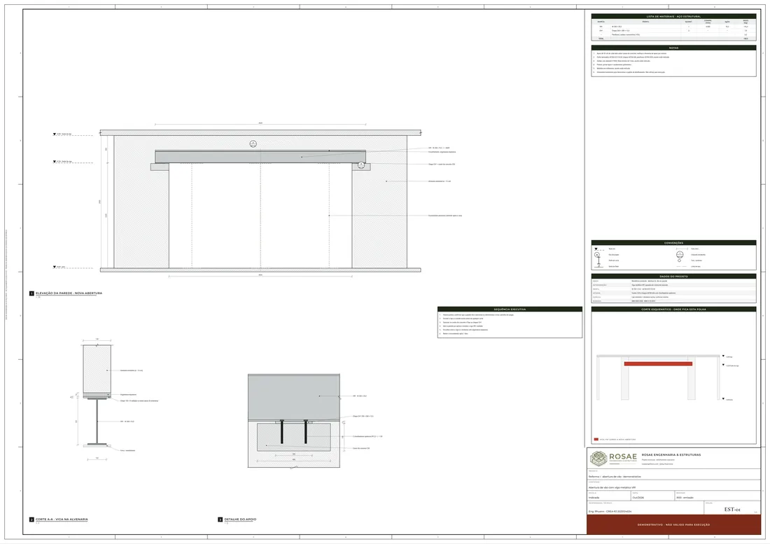 Prancha I-01: elevação da parede com a nova abertura e a viga metálica, corte da viga na alvenaria e detalhe do apoio