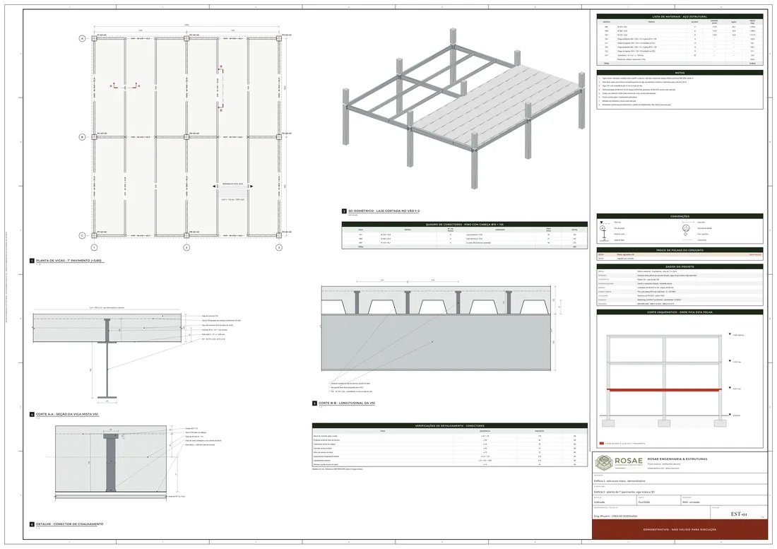 Prancha J-01: planta de vigas mistas sobre pilares de concreto, cortes da viga mista com steel deck e conectores, 3D e verificações